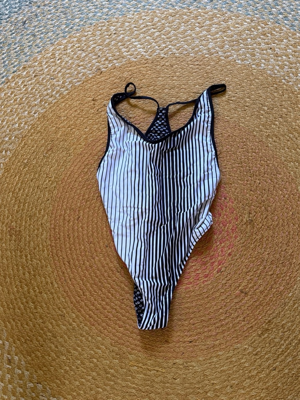 Striped Black & White One-Piece Swimsuit reversible to flower print